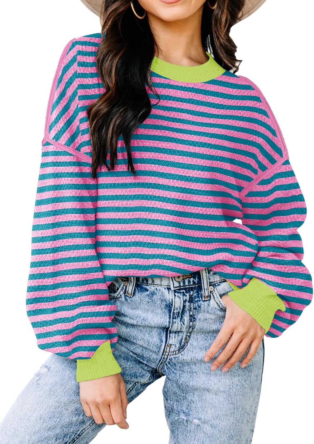 Womens Sweaters Fall 2025 Fashion Long Sleeve Color Block Oversized Sweater Trendy Casual Crew Neck Knitted Tops Pullover