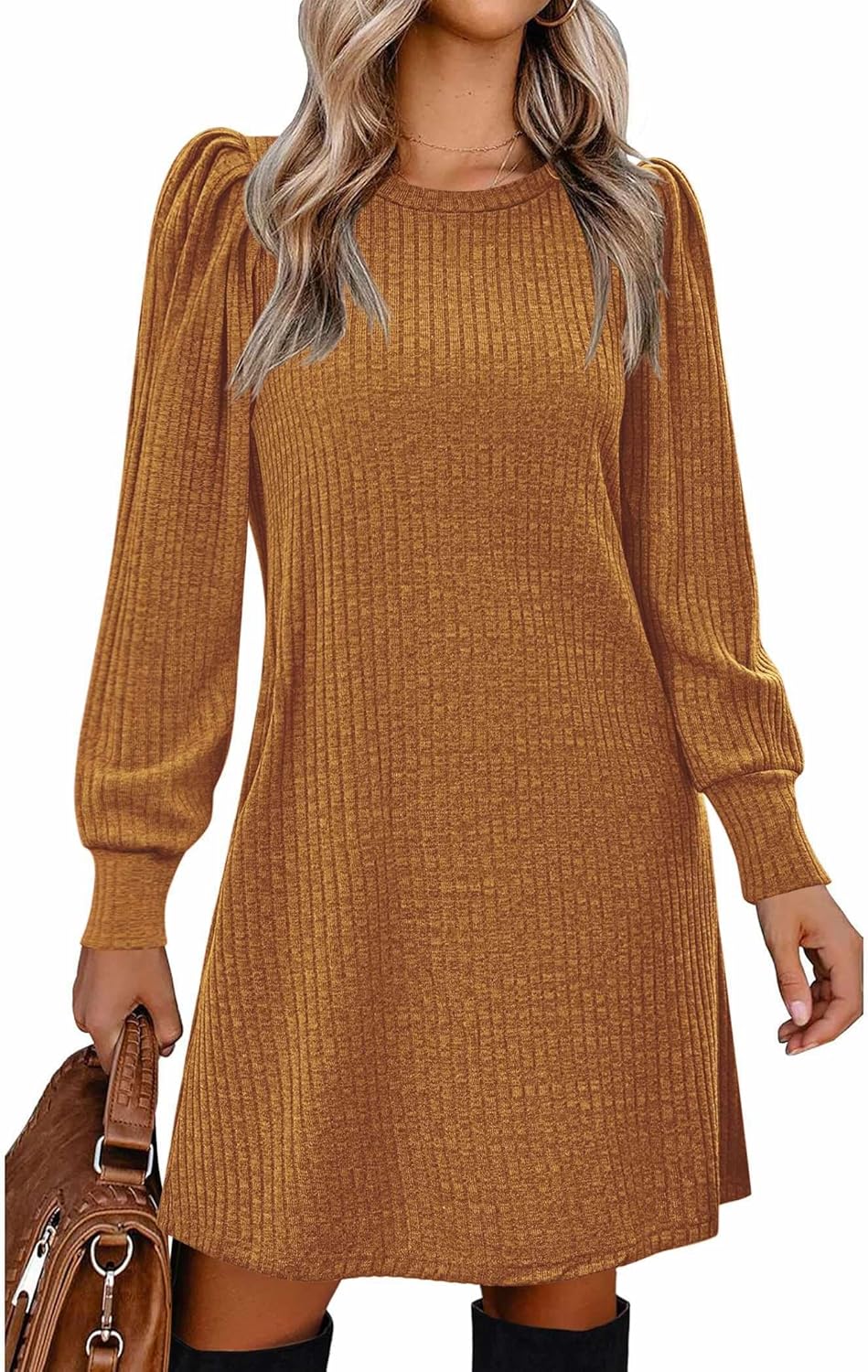 Zeagoo Women's Knit Dress with Puff Sleeves for Fall & Winter - Round Neck Casual Tunic Dress