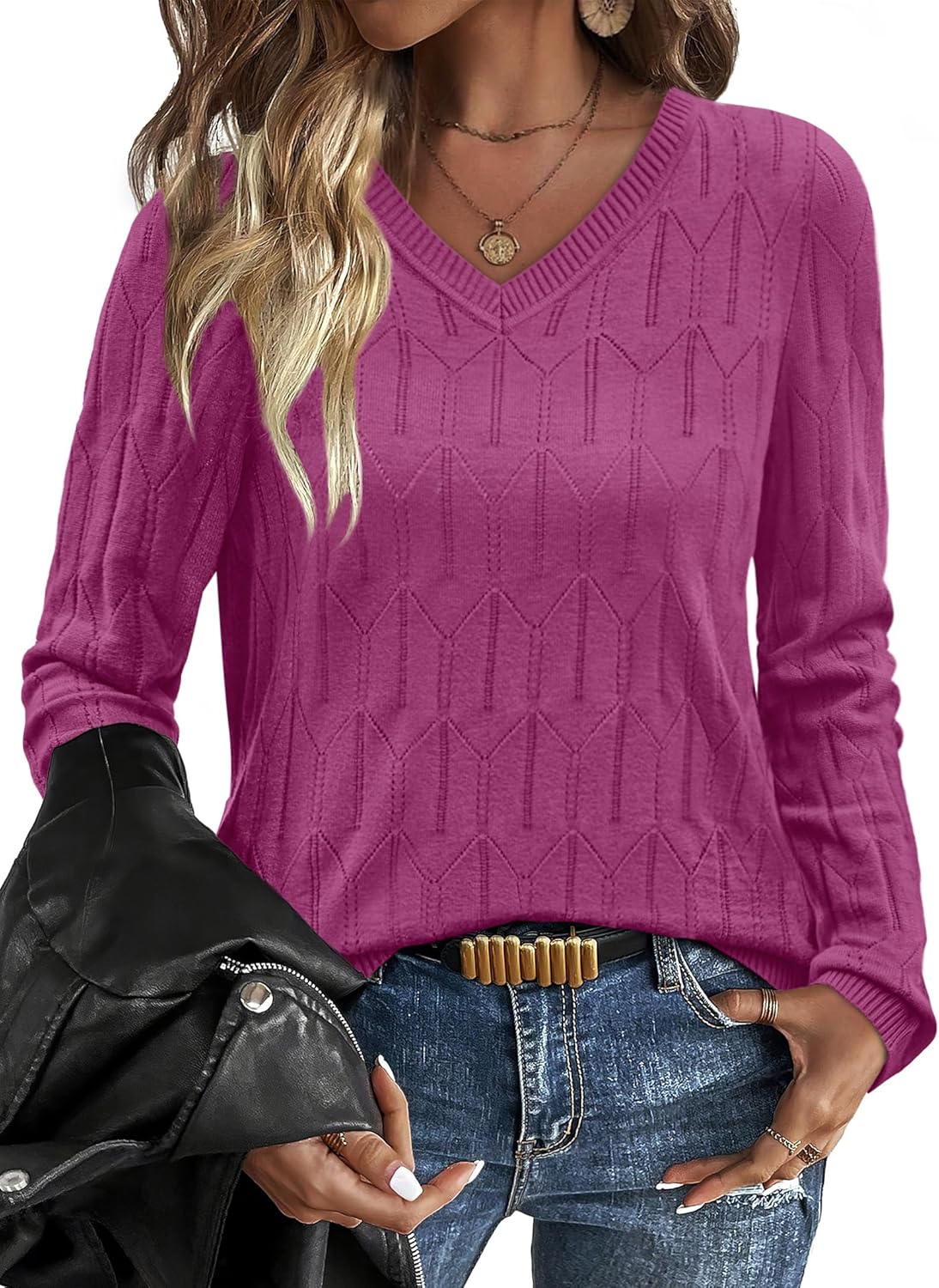 OFEEFAN Womens Sweaters Long Sleeve Shirts Fall Outfits 2025 V Neck Soft Knit Pullover Trendy Tops Dressy Casual Blouses