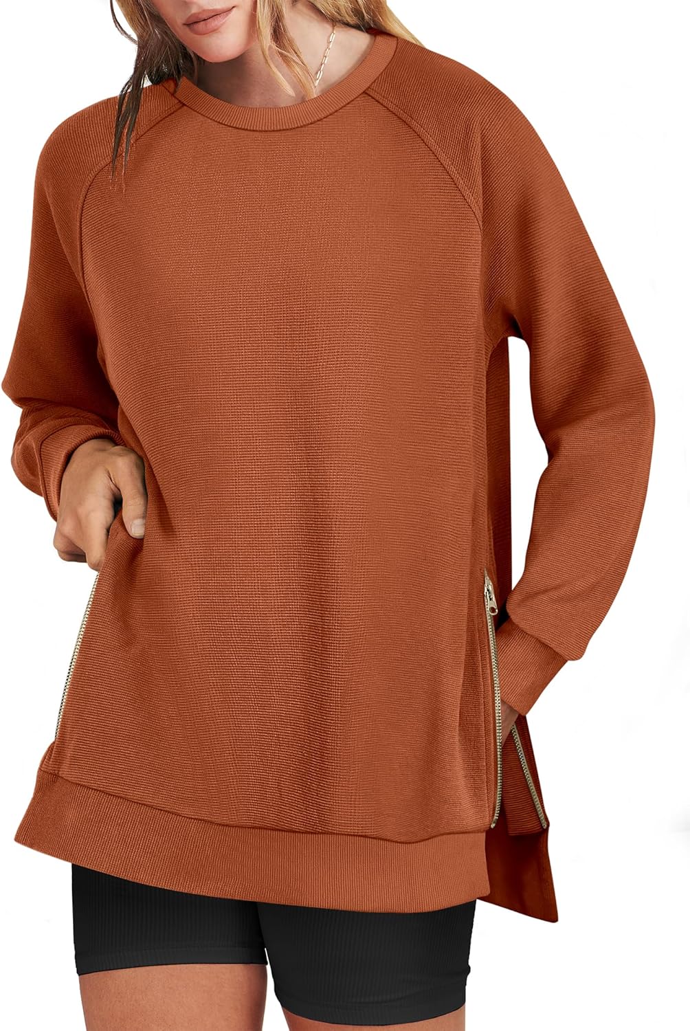 ANRABESS Women's Oversized Sweatshirts Crewneck Long Sleeve Tunic Pullover Shirts Side Zipper Hoodies 2025 Fall Clothes