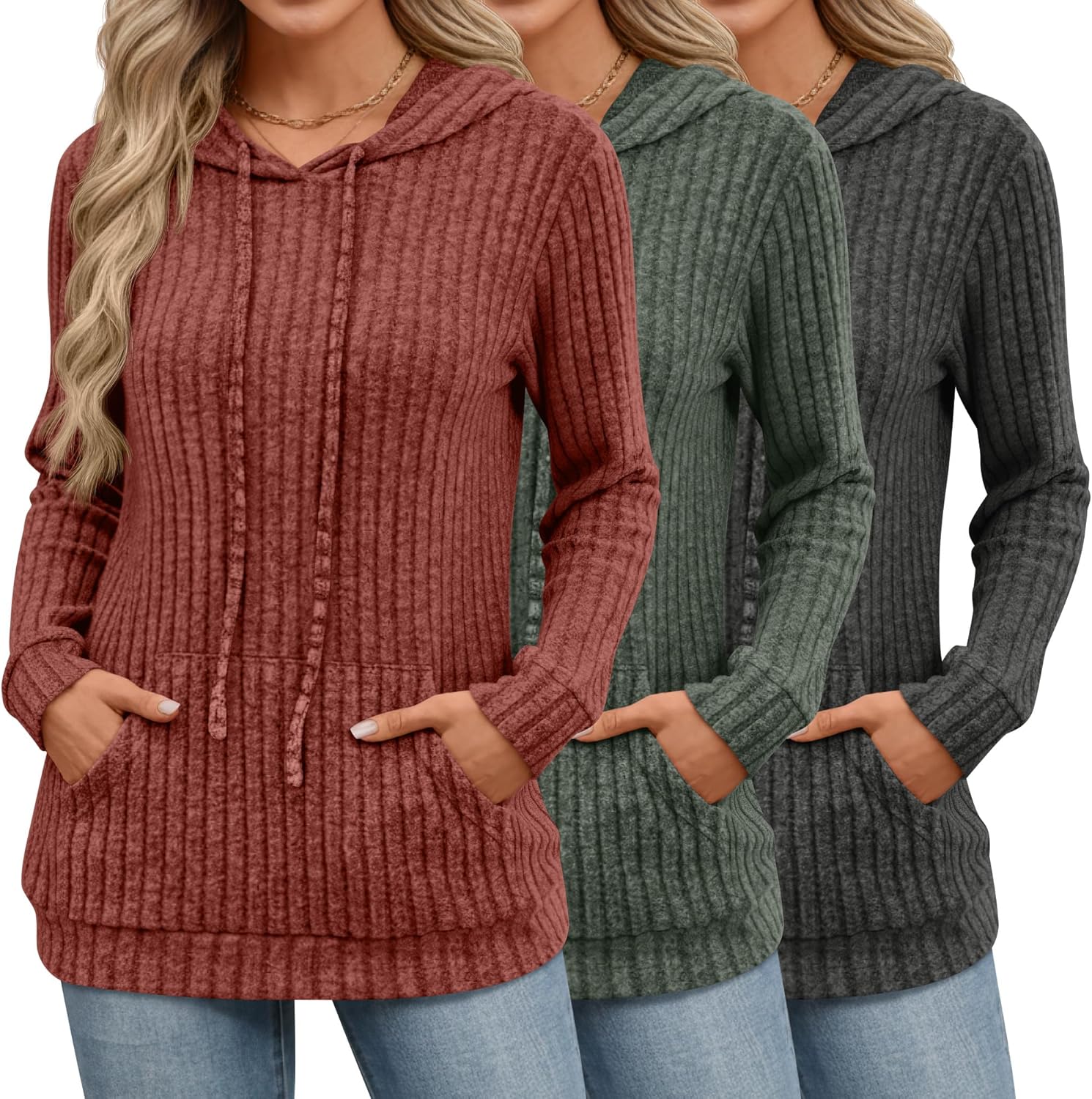 3 Pack Women's Long Sleeve Hoodie Sweaters, Kangaroo Pocket Shirts Loose Knit Tops Drawstring Pullover Sweatshirts
