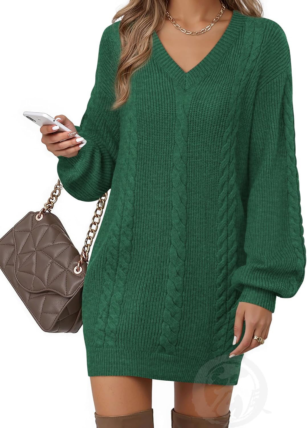 Women's Pullovers Jumper Sweaters Lantern Sleeve Casual V Neck Fall Knit Mini Sweater Dresses
