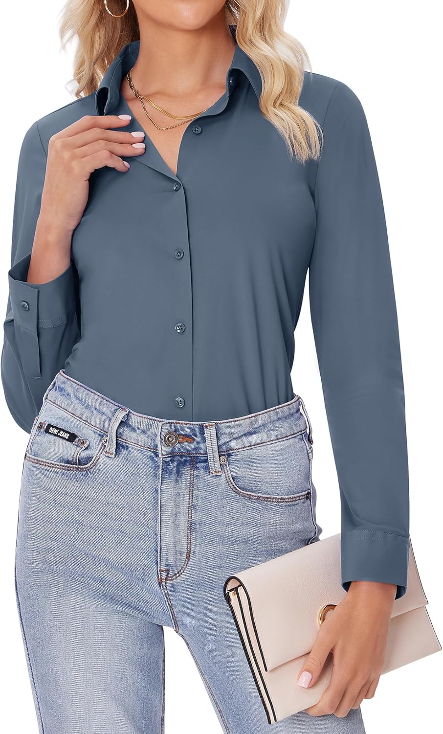 siliteelon Button Down Shirts for Women Slim fit Long Sleeve Stretch Dress Shirts Work Shirt Wrinkle Free Office Blouses