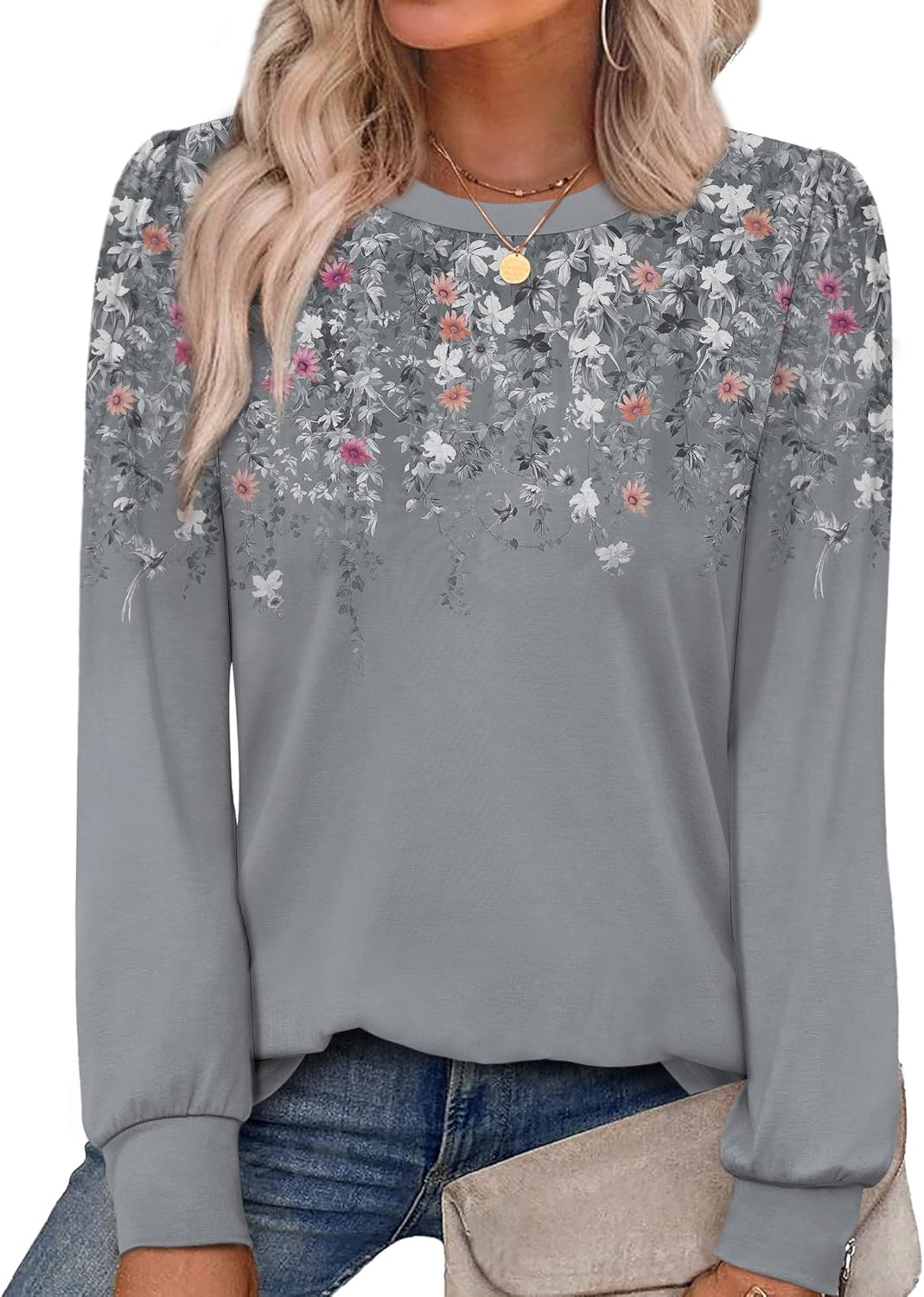 Alaroo Womens Long Sleeve Shirts 2025 Fall Tunic Tops Crewneck Blouses Print