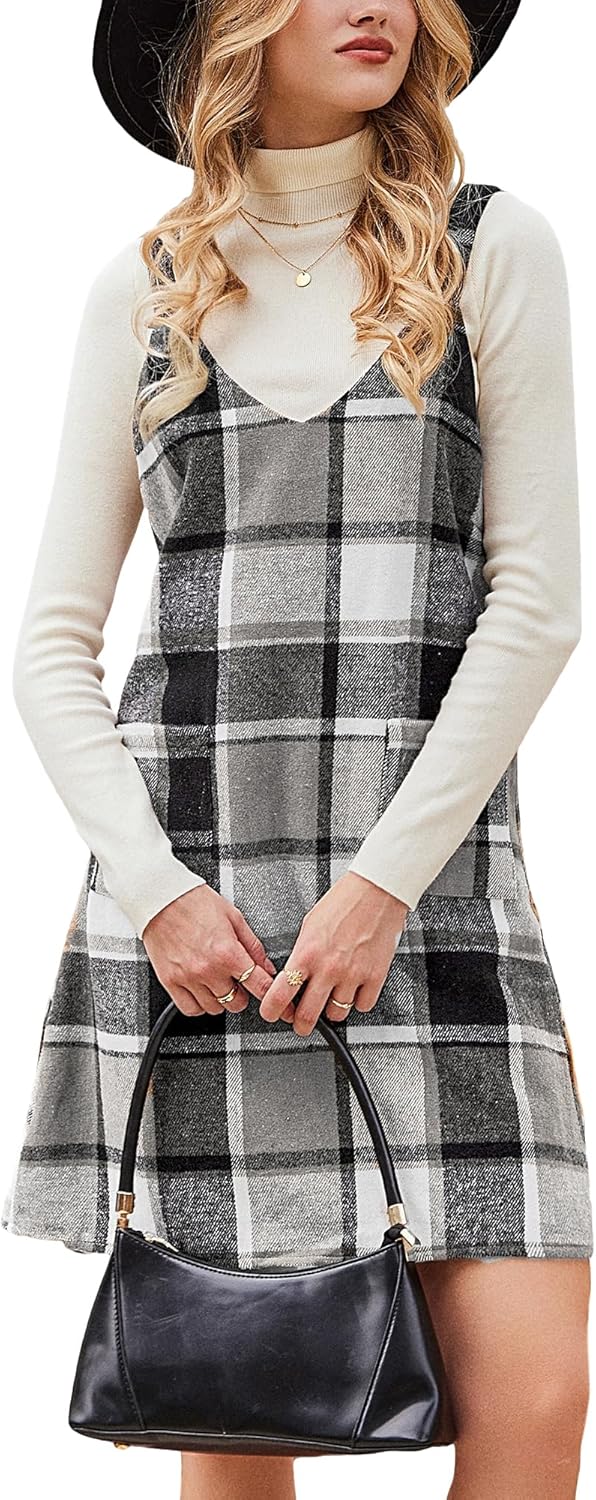 CUPSHE Fall Dresses for Women V Neck Plaid Sleeveless Wide Strpas Pockets Casual Pinafore Mini Overall Dress