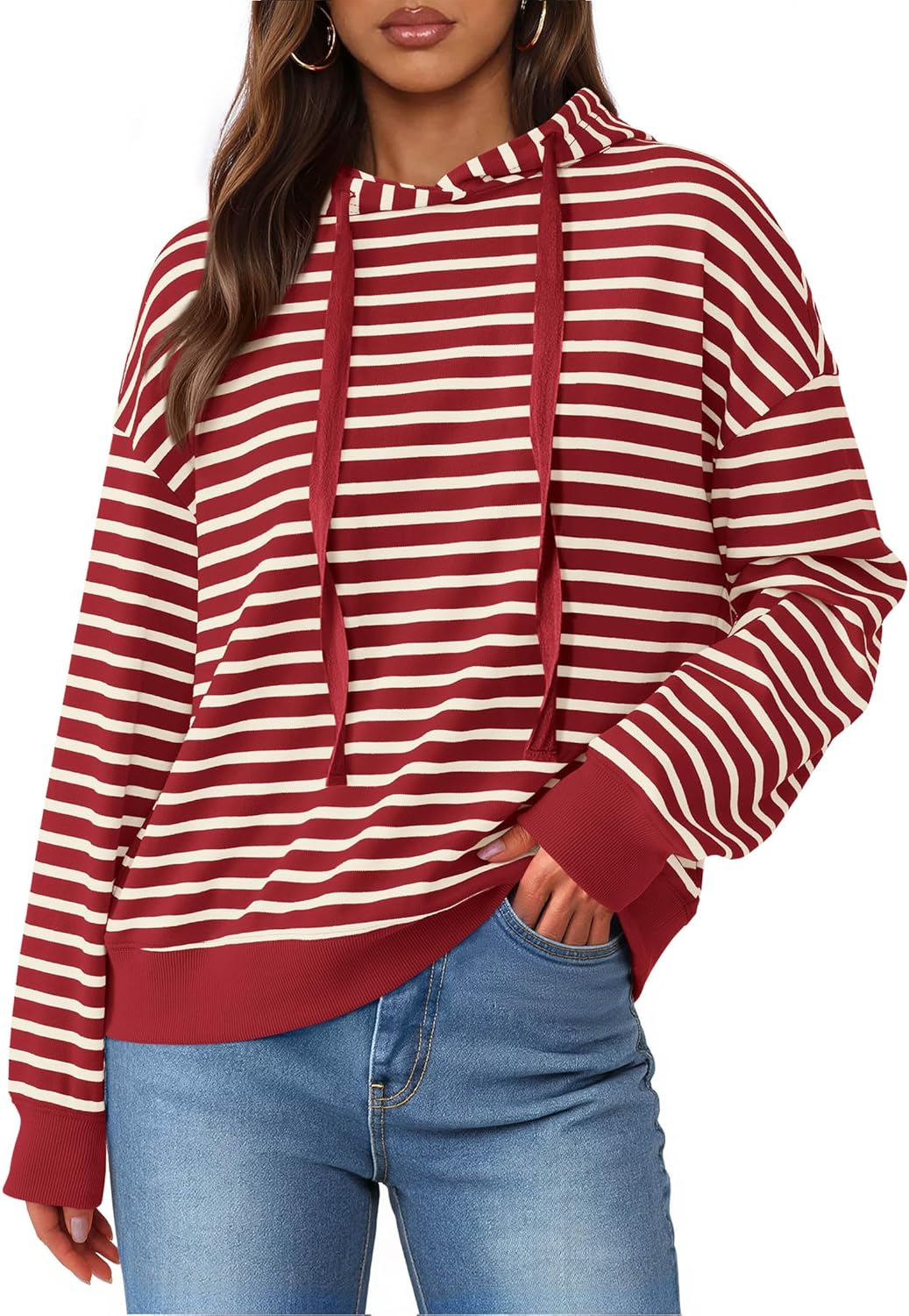 KIRUNDO Womens Hoodies Long Sleeve Striped Drawstring Sweatshirt Loose Fit Hooded Pullover Tops Fall Winter Clothing