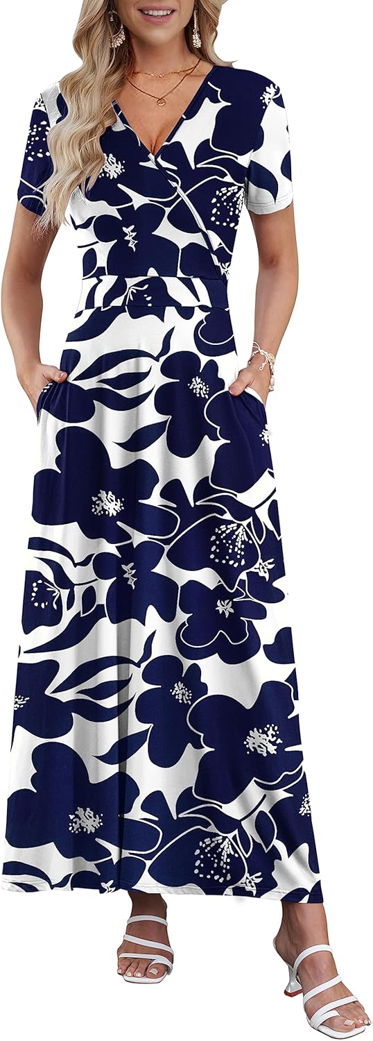 AUSELILY Maxi Dresses for Women Ankle Length Floral Print Beach Long Flowy Dress with Pockets