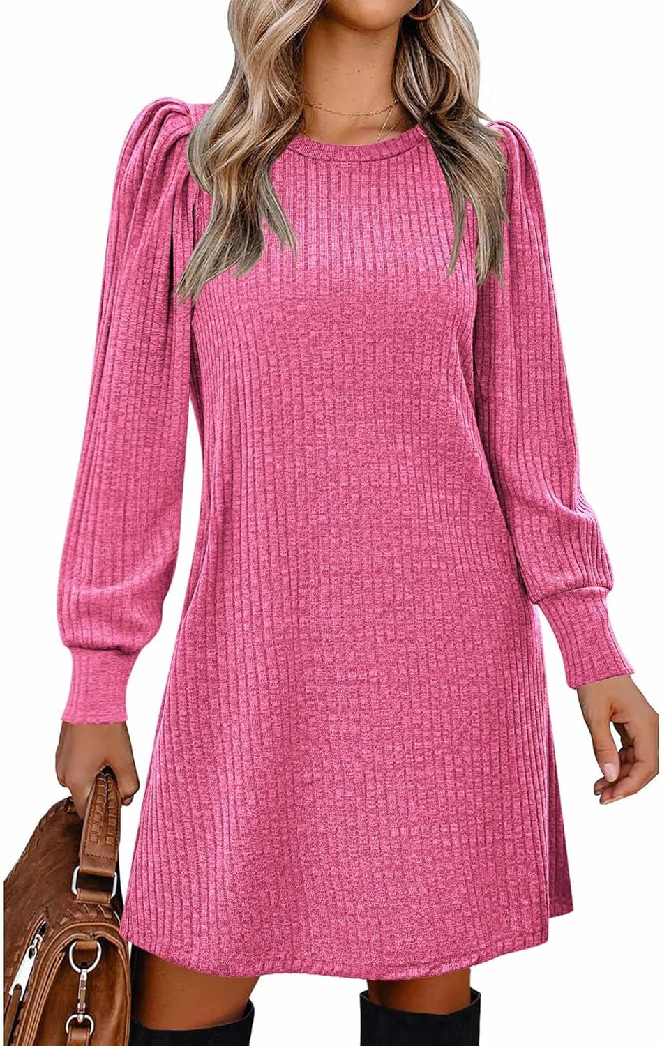 Zeagoo Women's Knit Dress with Puff Sleeves for Fall & Winter - Round Neck Casual Tunic Dress