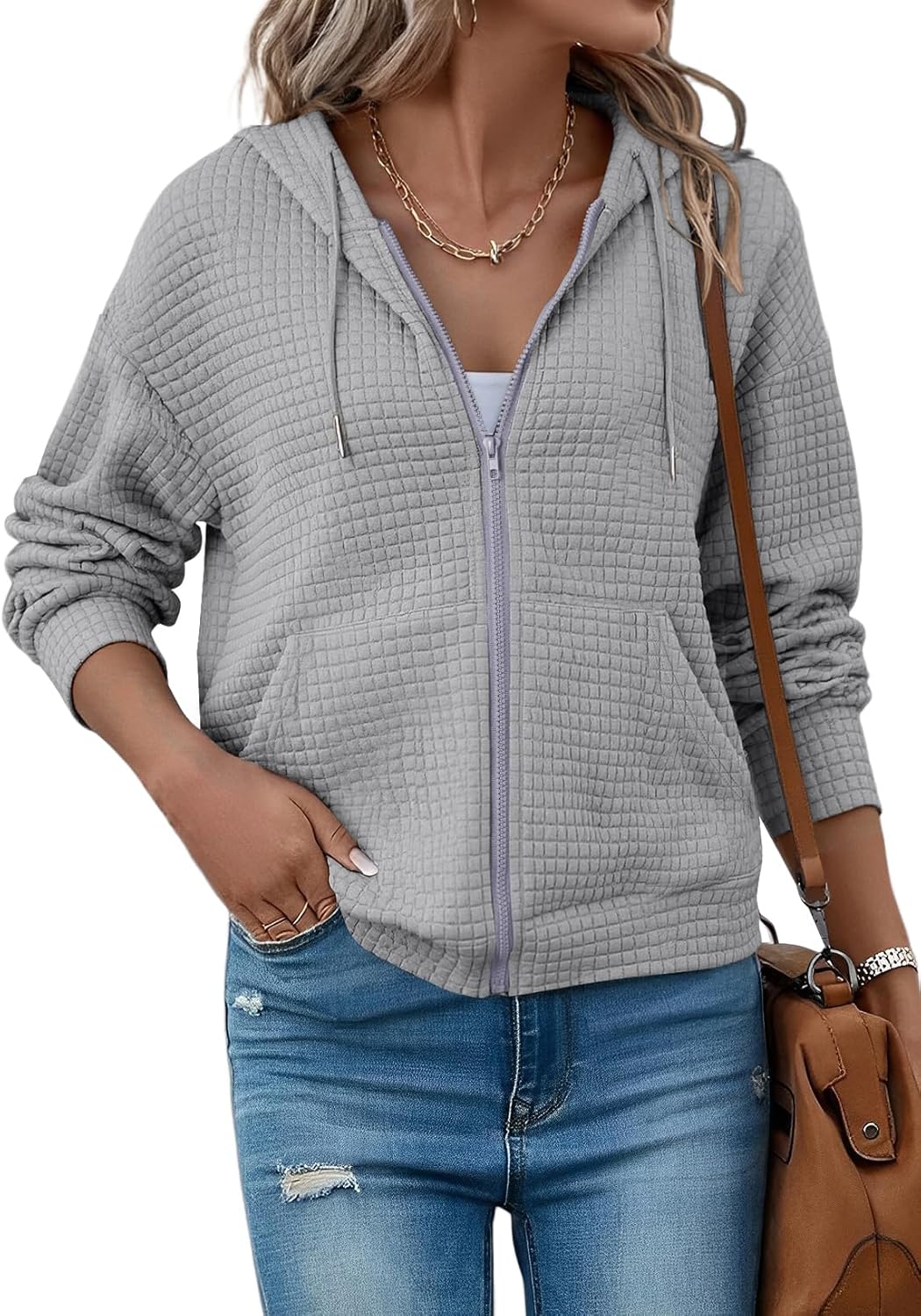 SHEWIN Womens Zip Up Hoodies Oversized Sweatshirt Fall Fashion Outfits 2025 Casual Waffle Hooded Jackets