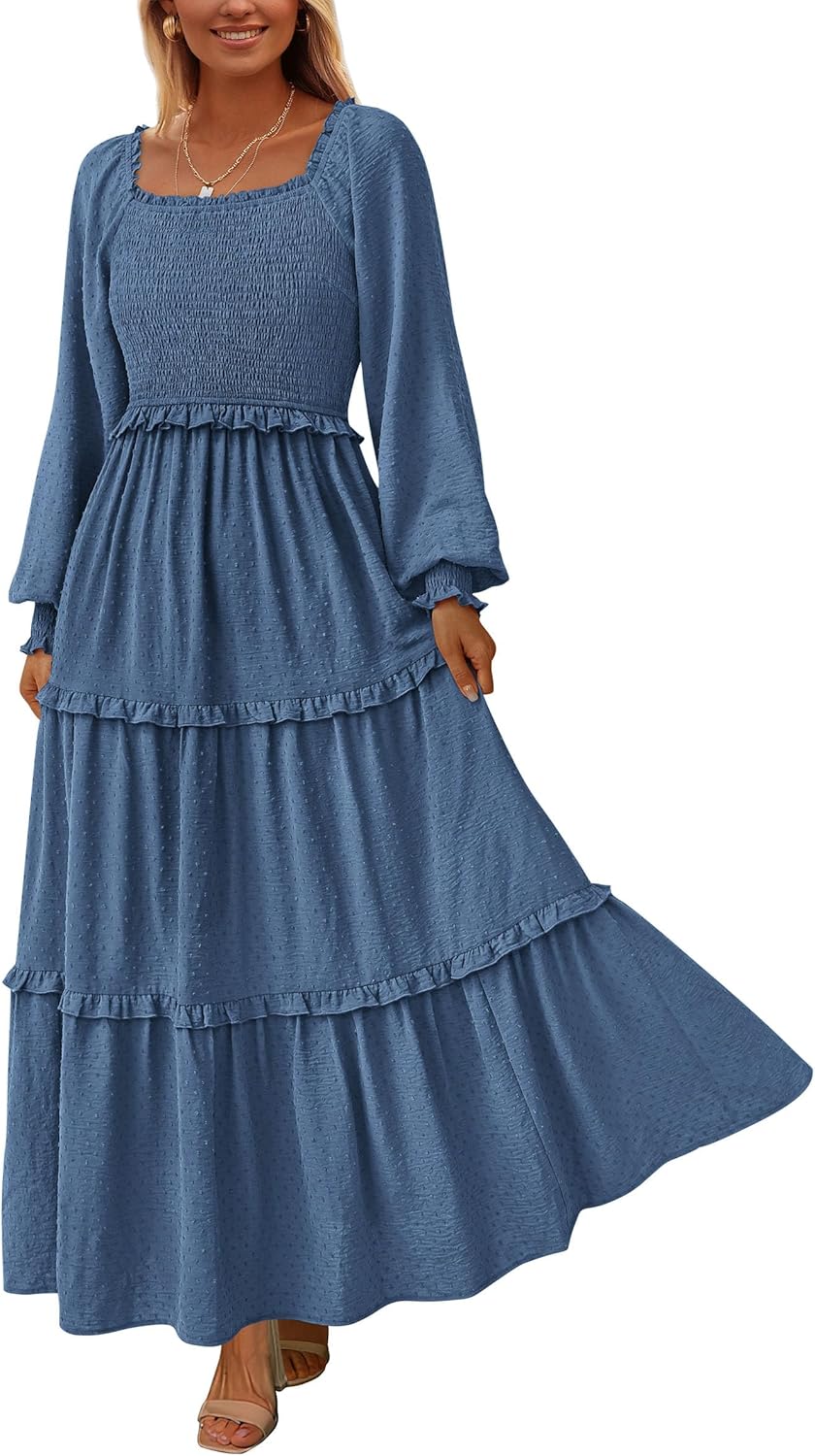 PRETTYGARDEN Fall Dresses for Women 2025 Long Sleeve Smocked Square Neck Swiss Dot Tiered Flowy Wedding Guest Maxi Dress