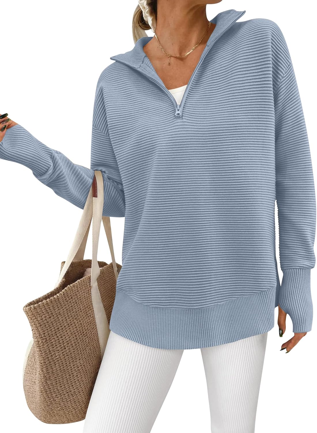 PRETTYGARDEN Womens Long Sleeve Quarter Zip Pullover Sweater Casual Loose V Neck Collared Ribbed Knit Jumper Tops Thumb Hole