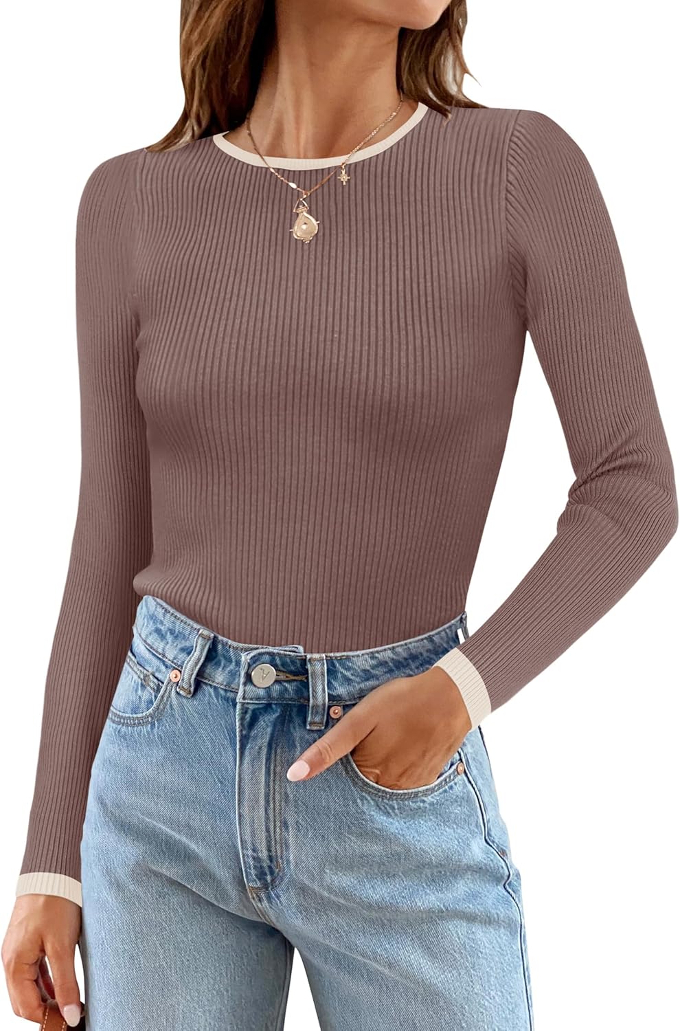 ZESICA Women's Long Sleeve Crewneck Shirts 2025 Fall Ribbed Knit Sweater Slim Fitted Casual Basic Tee Tops