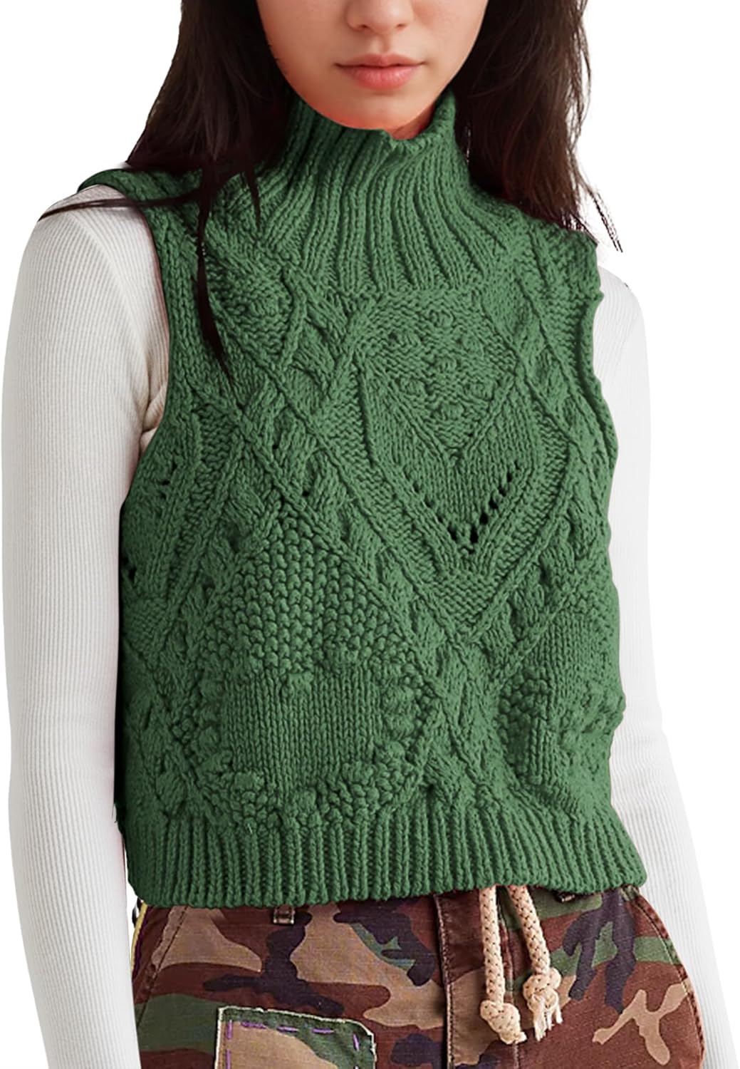 Hixiaohe Turtleneck Crochet Sweater Vest Fall Fashion Knit Sleeveless Tank Tops for Women Lightweight Casual Pullover Clothes