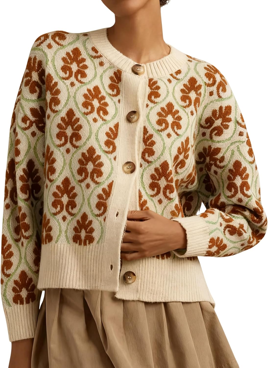 Women Floral Cardigan Sweater Open Front Long Sleeve Button Down Knit Sweater Vintage Outerwear