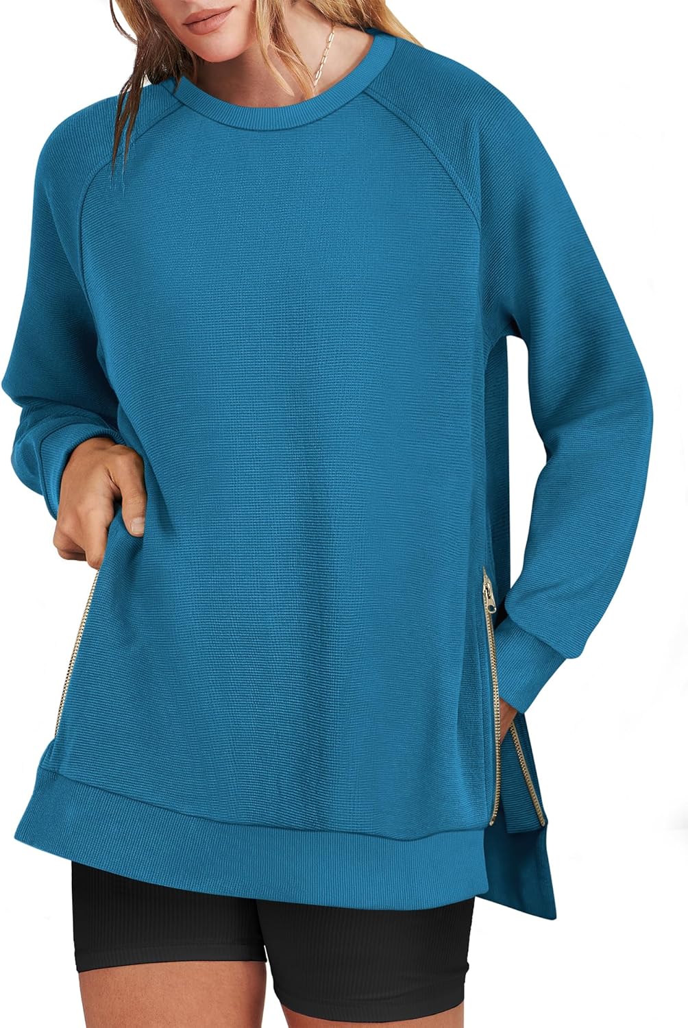 ANRABESS Women's Oversized Sweatshirts Crewneck Long Sleeve Tunic Pullover Shirts Side Zipper Hoodies 2025 Fall Clothes