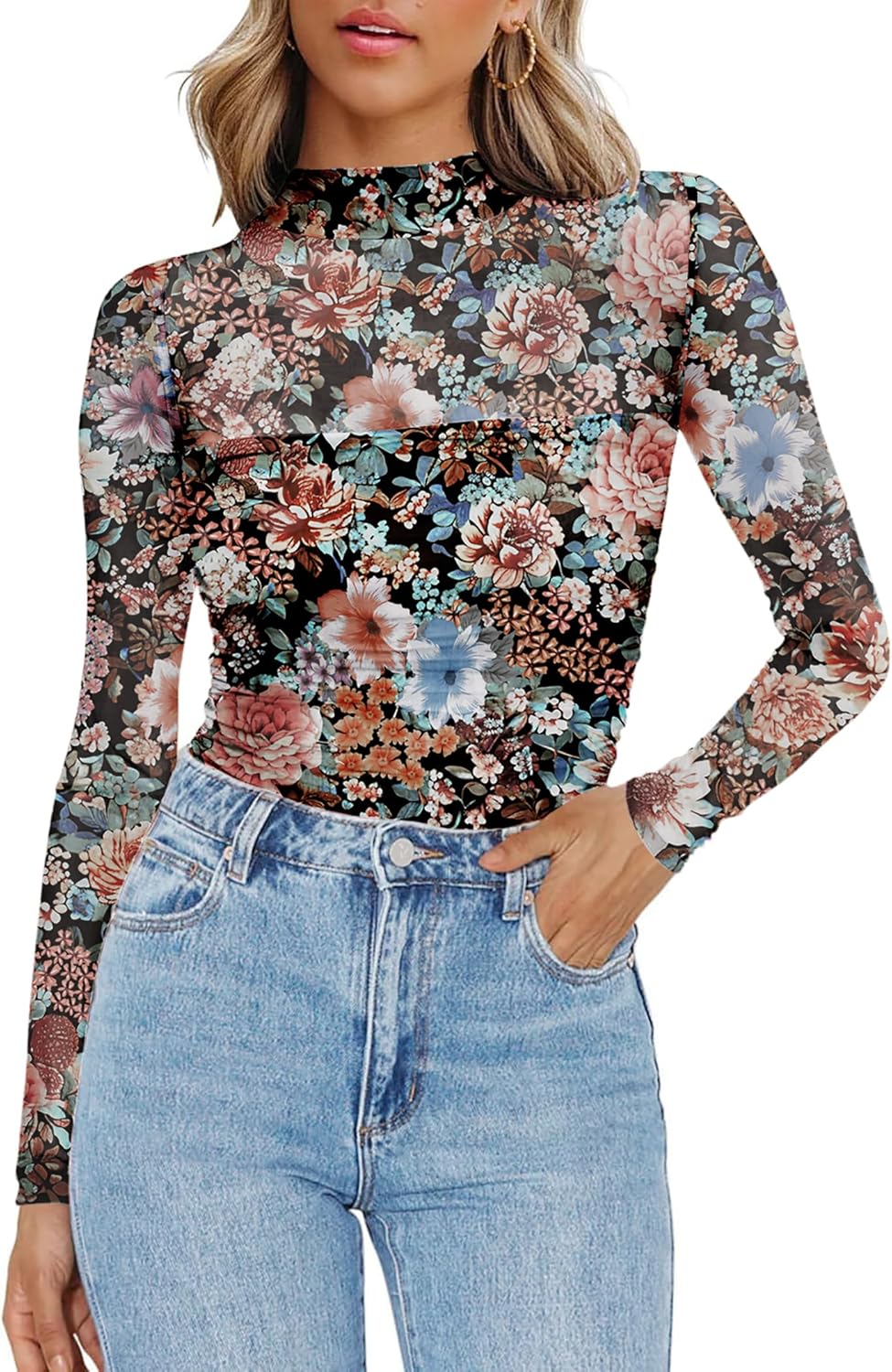 Zeagoo Womens Mesh Sheer Long Sleeve Top Mock Turtle Neck See Though Shirts Ruched Sexy Casual Going Out Blouses