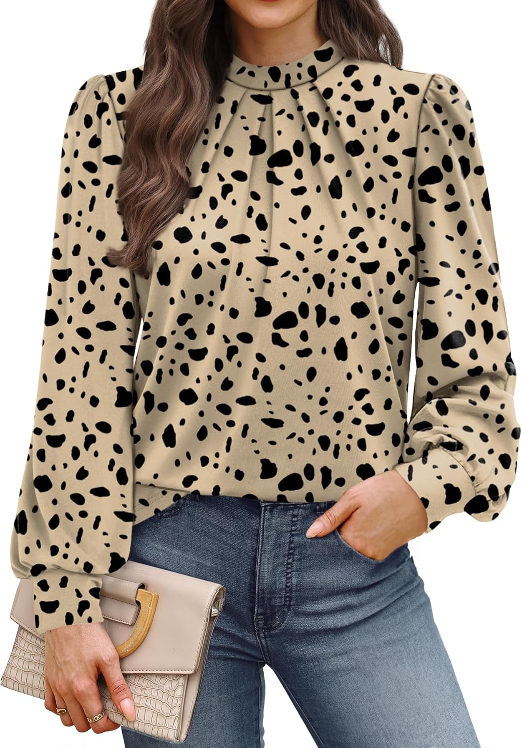 WIHOLL Long Sleeve Shirts for Women Mock Neck Tops Pleated Front Blouses Dressy Casual Fall Clothes 2025 Fashion