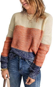 Dokotoo Womens Color Block Sweaters Long Sleeve Crewneck Pullover Knit Jumper Tops