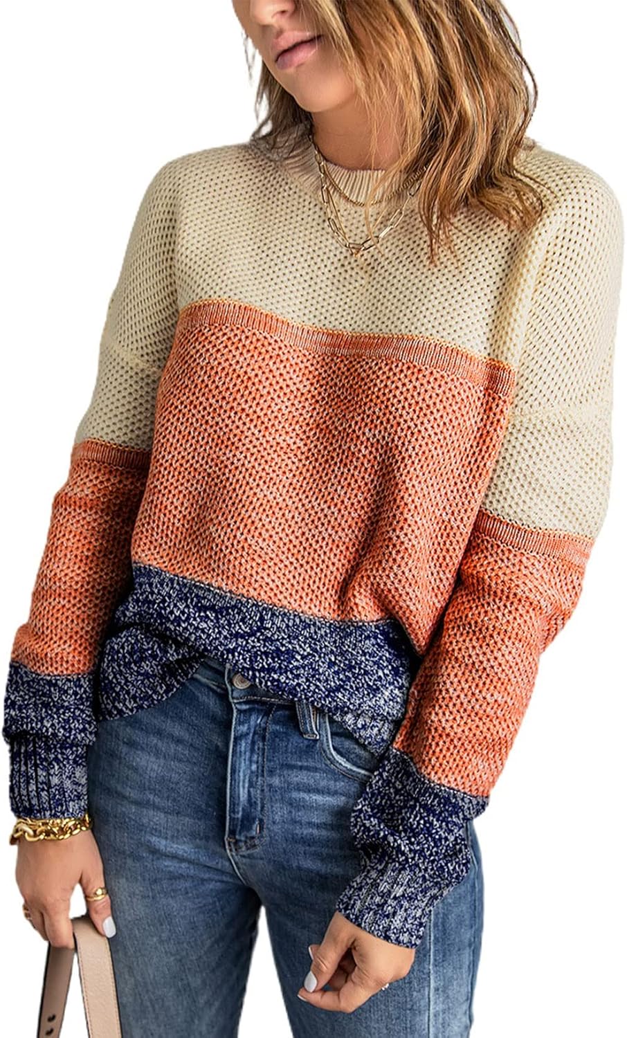 Dokotoo Womens Color Block Sweaters Long Sleeve Crewneck Pullover Knit Jumper Tops