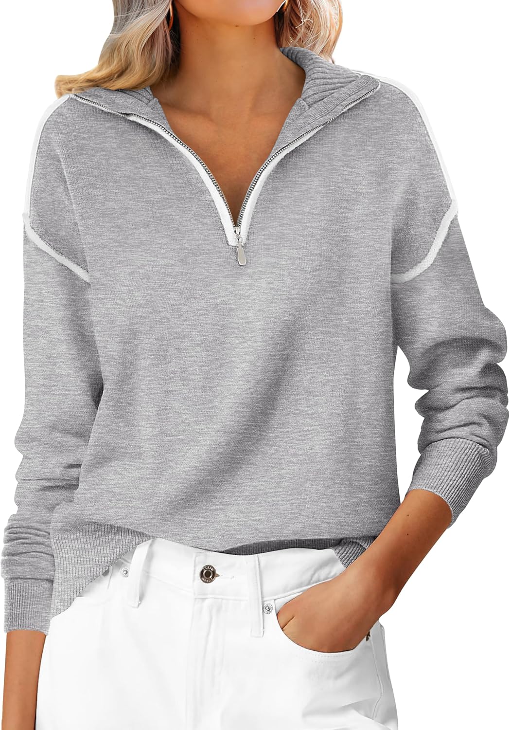 ANRABESS Womens Quarter Zip Sweaters Fall Long Sleeve V Neck Shirts Collared Business Casual Tops Knit Pullover Sweatshirts