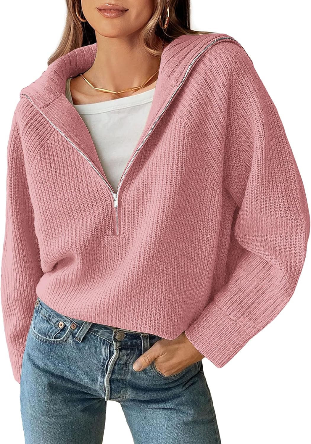 BTFBM Womens Sweaters Quarter Zip Pullover V Neck Collar Long Sleeve Ribbed Knit Loose Casual 2025 Winter Fall Sweater