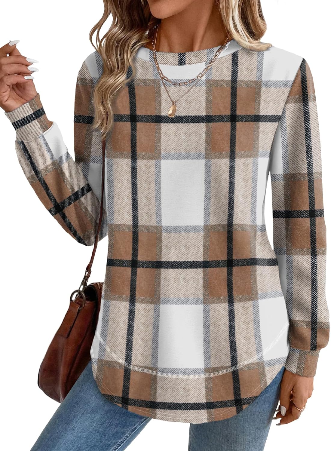 OFEEFAN Tunic Tops for Women Loose Fit Dressy Long Sleeve Shirts Womens Sweaters Crew Neck Fall Clothing with Curved Hem