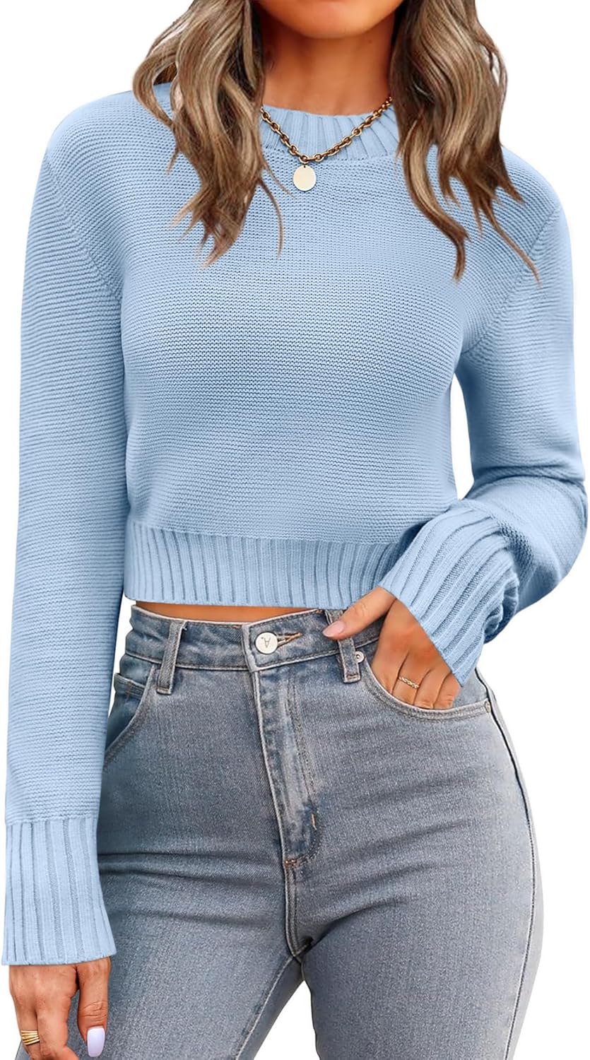 Zeagoo Women's 2025 Fall Crewneck Cropped Sweater Trendy Long Sleeve Ribbed Knit Pullover Jumper Tops