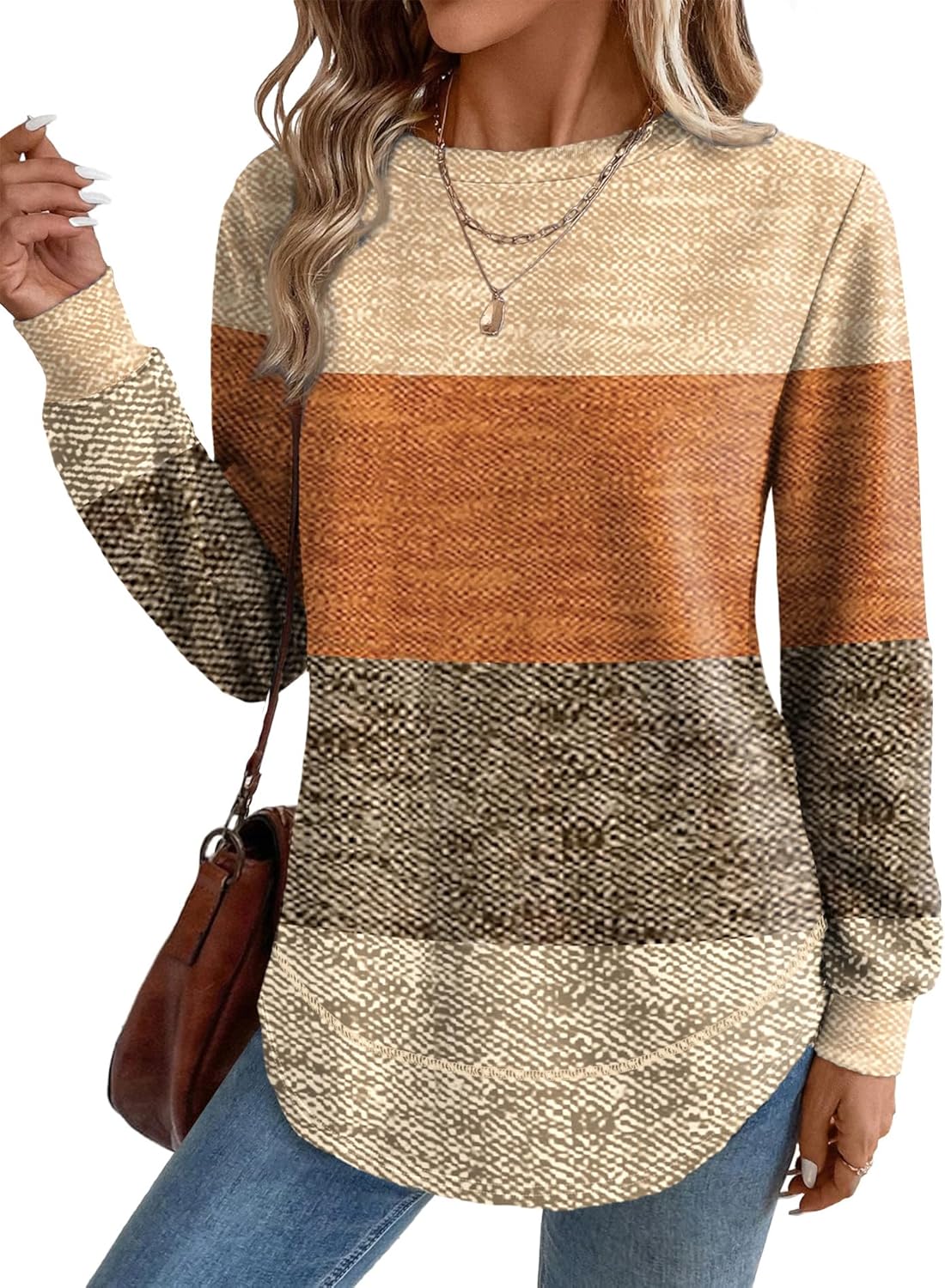 OFEEFAN Tunic Tops for Women Loose Fit Dressy Long Sleeve Shirts Womens Sweaters Crew Neck Fall Clothing with Curved Hem