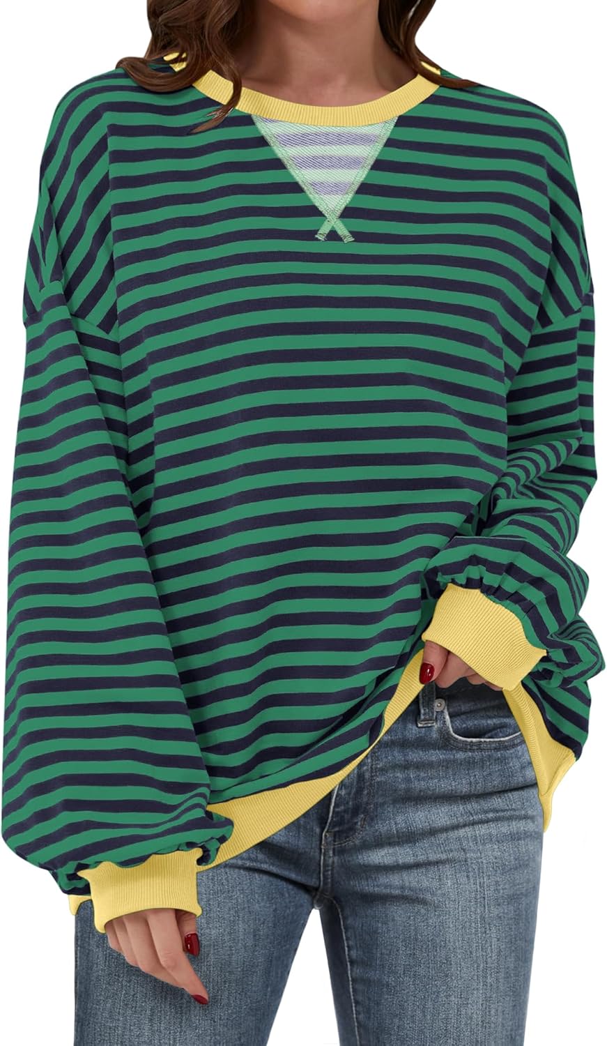 ANRABESS Women Striped Sweatshirts Oversized Crewneck Long Sleeve Shirts Y2K Pullover Top 2025 Fall Outfits Fashion Clothes