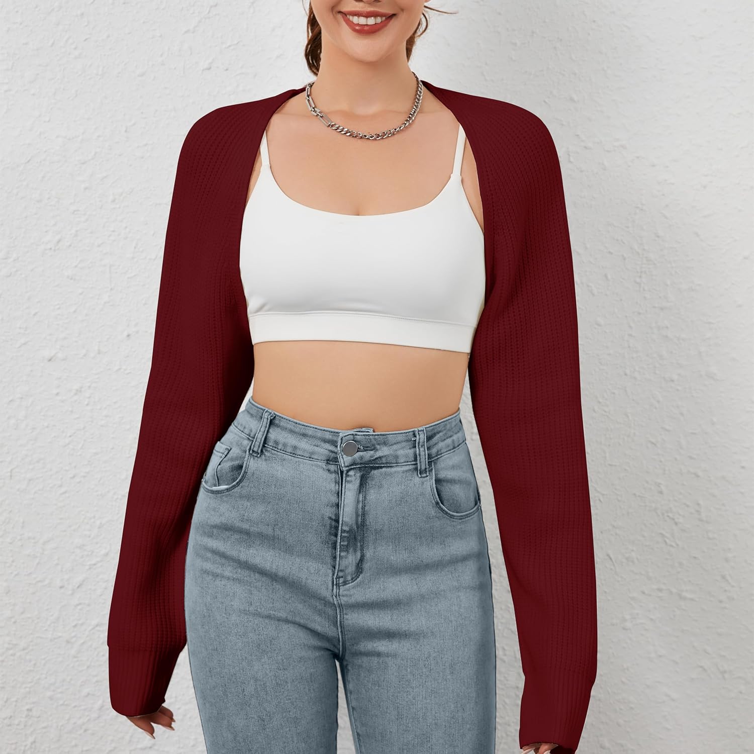 Women Open Front Ribbed Knit Crop Bolero Drop Shoulder Long Sleeve Solid Loose Fit Knitted Crop Cardigan Shrug