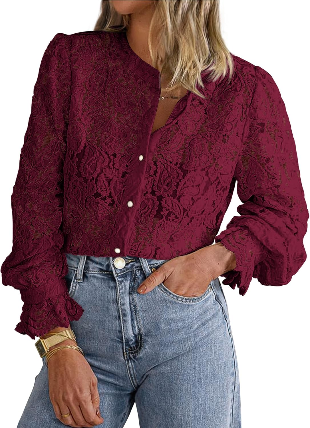 PRETTYGARDEN Women's Dressy Casual Lace Blouse Long Sleeve Button Up Shirts Tops Spring Fall Fashion Clothes