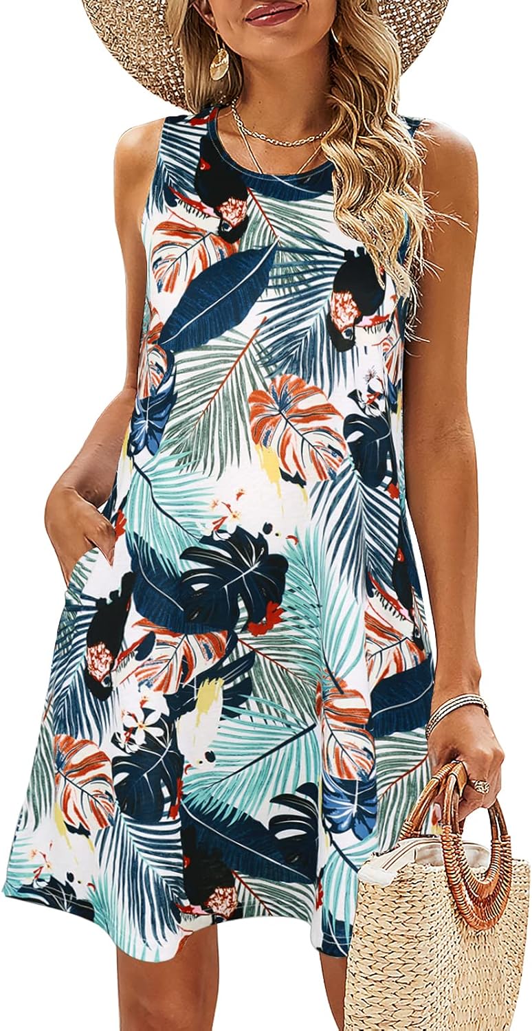 SimpleFun Summer Dresses for Women Beach Floral Tshirt Sundress Casual Pockets Boho Tank Dress