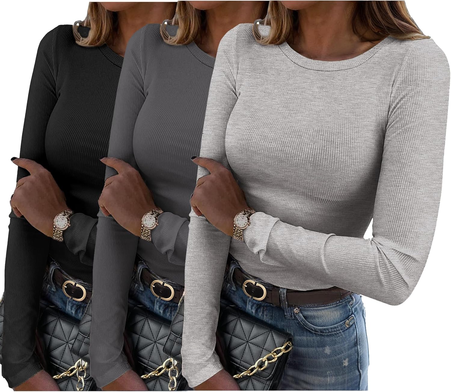 Zeagoo Womens Long Sleeve Stretch Crewneck Ribbed T-Shirt Slim Fit Casual Basic Tops S-XXL