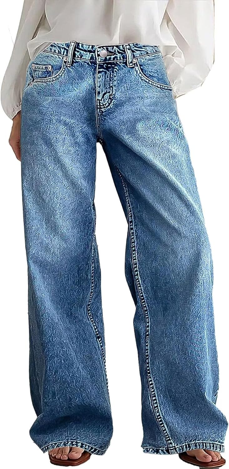 Flamingals Wide Leg Jeans for Women Mid Waist Baggy Stitch Decor Denim Washed Pants Without Belt
