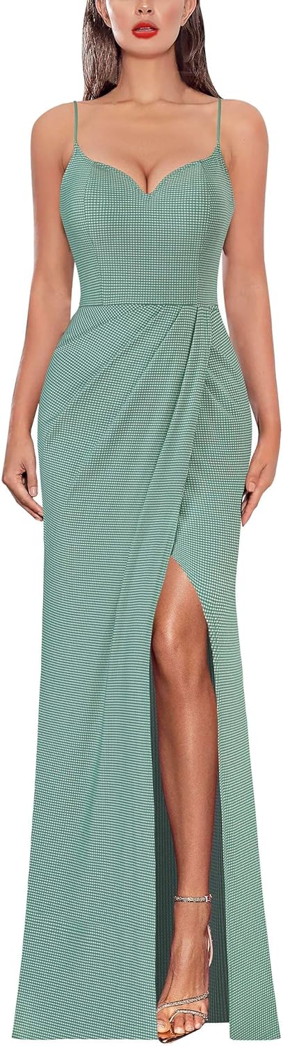 VFSHOW Womens Sexy Formal Ruched Fitted High Slit Bodycon Maxi Dress Spaghetti Strap Sweetheart Cocktail Prom Evening Gown