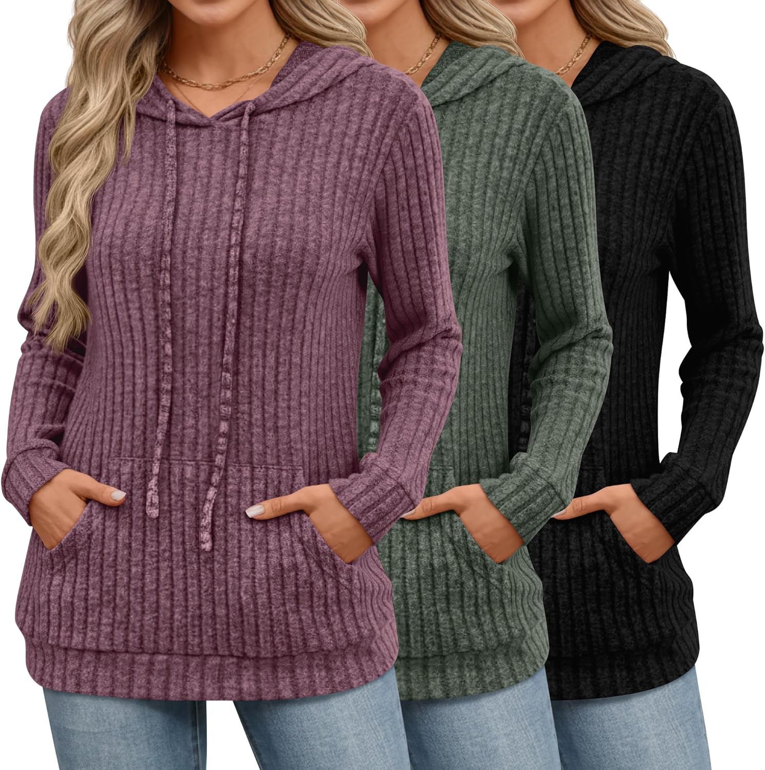 3 Pack Women's Long Sleeve Hoodie Sweaters, Kangaroo Pocket Shirts Loose Knit Tops Drawstring Pullover Sweatshirts