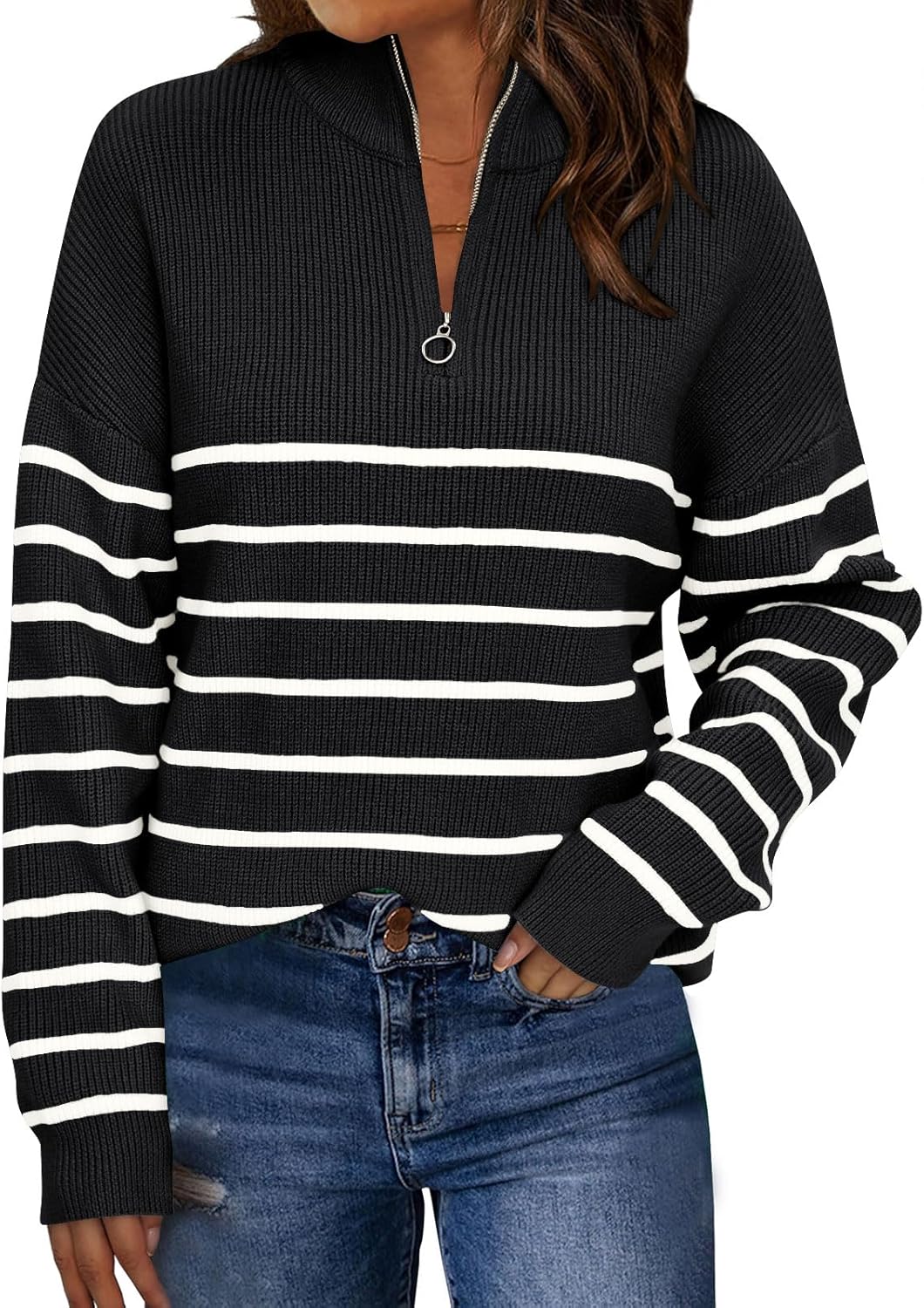 LILLUSORY Women's Quarter Zip Striped Oversized Sweater 2025 Mock Turtleneck Fall Fashion Outfit