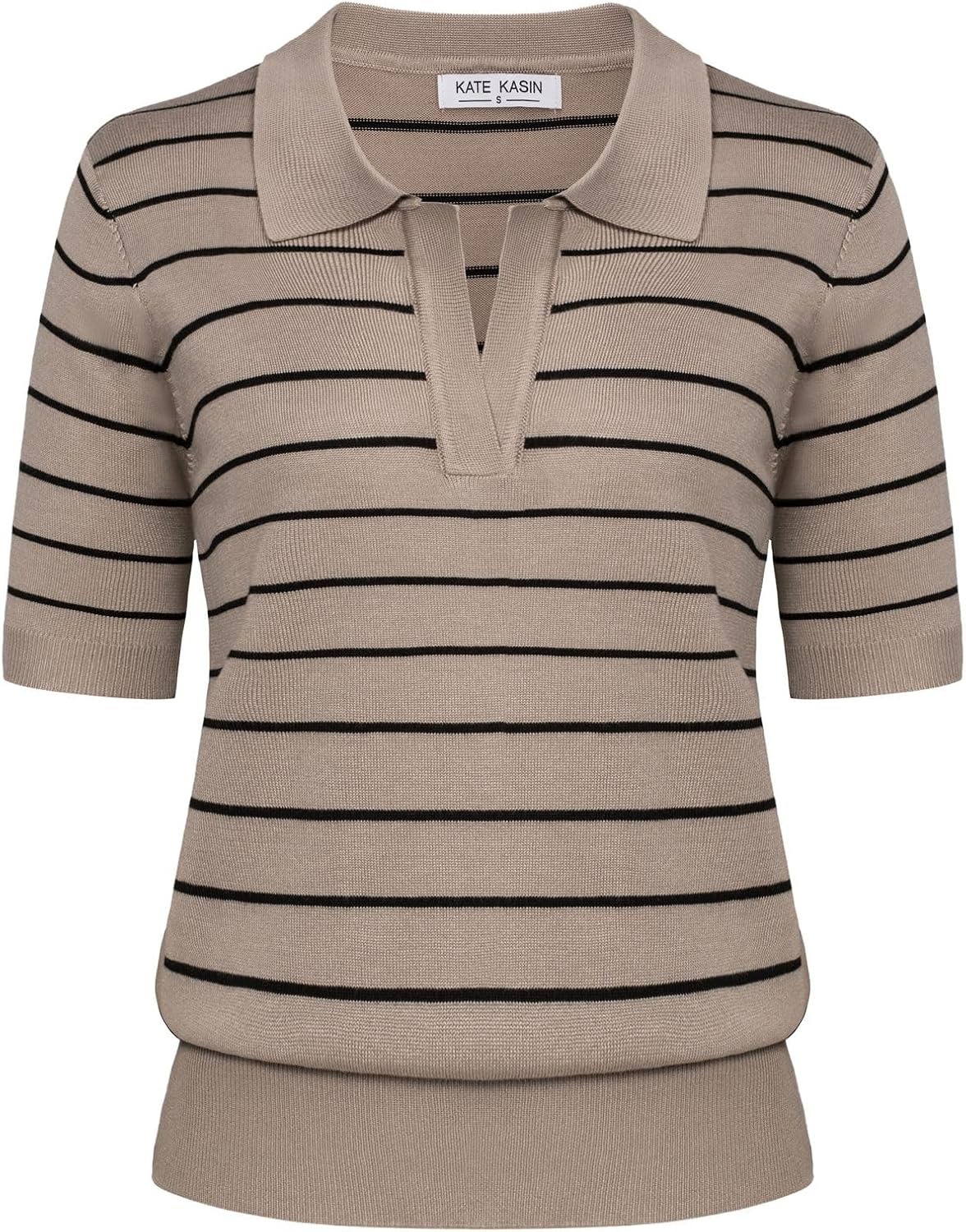 Kate Kasin Women Short Sleeve Polo Sweater V Neck Knitted Tops Casual Ribbed Shirt Loose Pullover Sweater