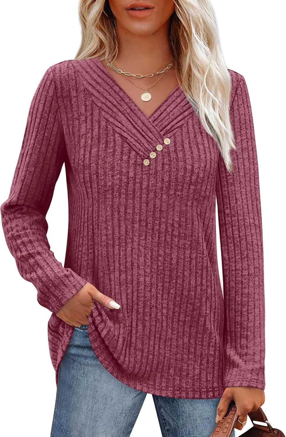 SAMPEEL Sweaters for Women Long Sleeve Shirts V Neck Tops with Buttons Fall Fashion Outfits Winter Clothing 2025