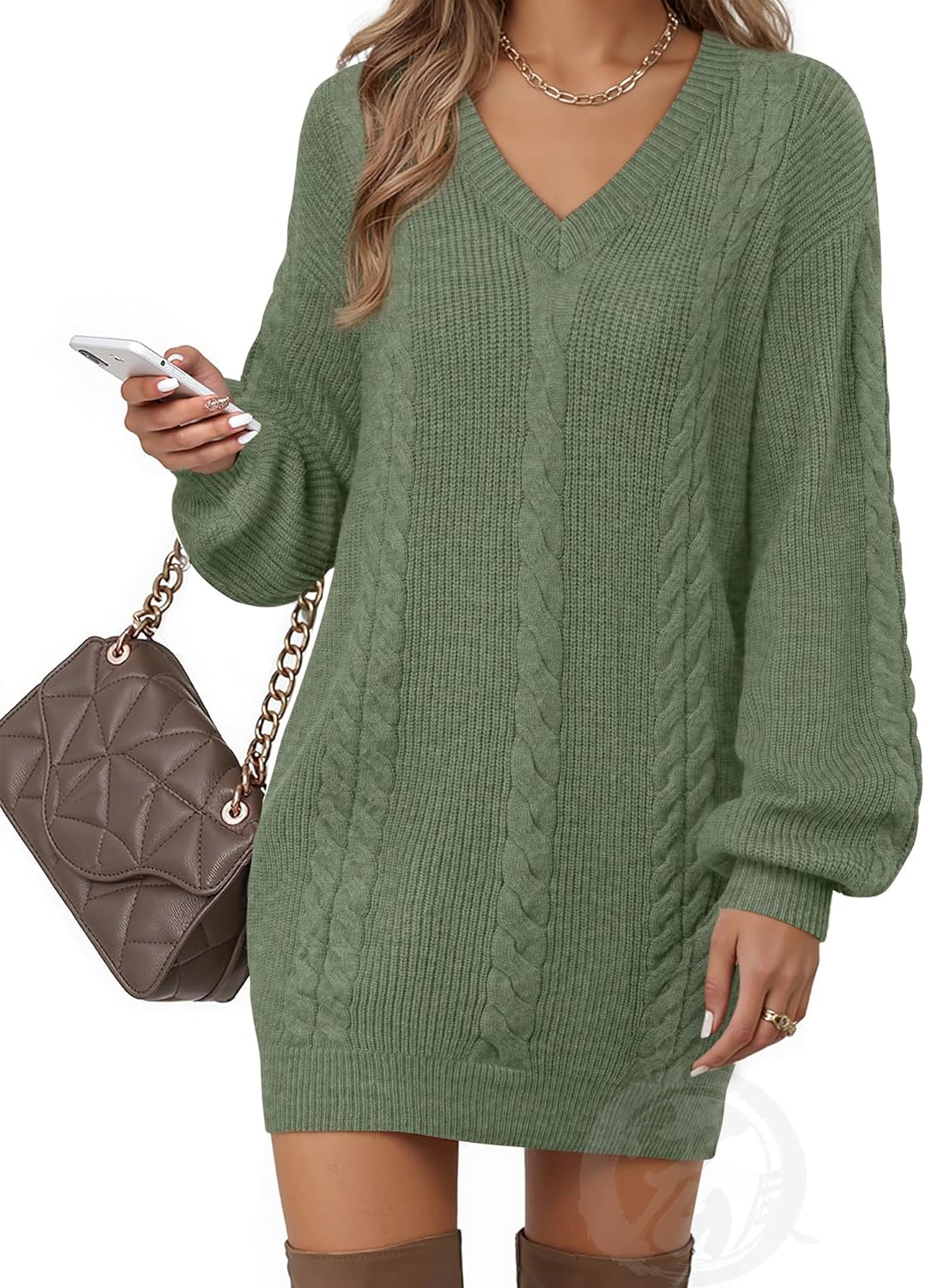 Women's Pullovers Jumper Sweaters Lantern Sleeve Casual V Neck Fall Knit Mini Sweater Dresses