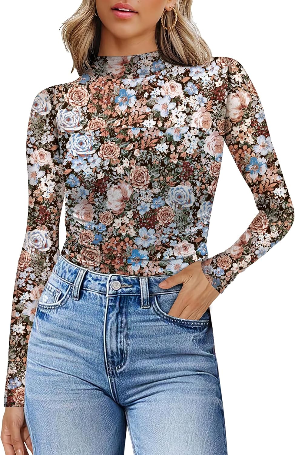 Womens Sexy Mesh Long Sleeve Shirts Fashion Clothing Turtle Necks Sheer Ruched Going Out Tops Fall Outfits Slim Fit Blouses