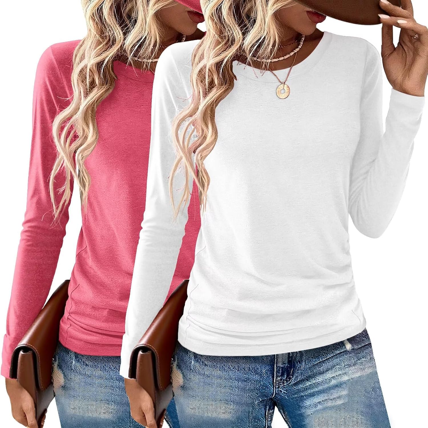 2 Pack Womens Tops Crewneck Soft Long Sleeve Shirts Fall Clothes Casual Tshirts Basic Tee