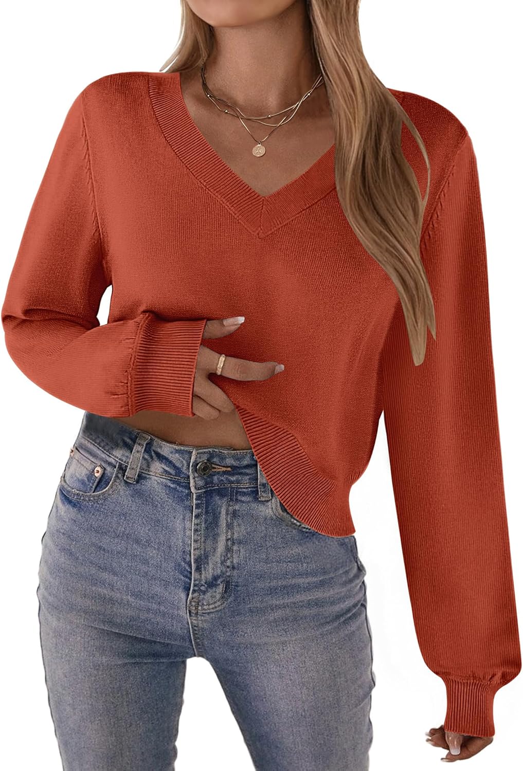 Zeagoo Women's 2025 Fall V-Neck Cropped Sweater Trendy Long Latern Sleeve Ribbed Knit Pullover Crop Tops