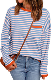 LILLUSORY Womens Striped Soft Knit Pullover Sweater Loose Fit Shirts with Chest Pocket