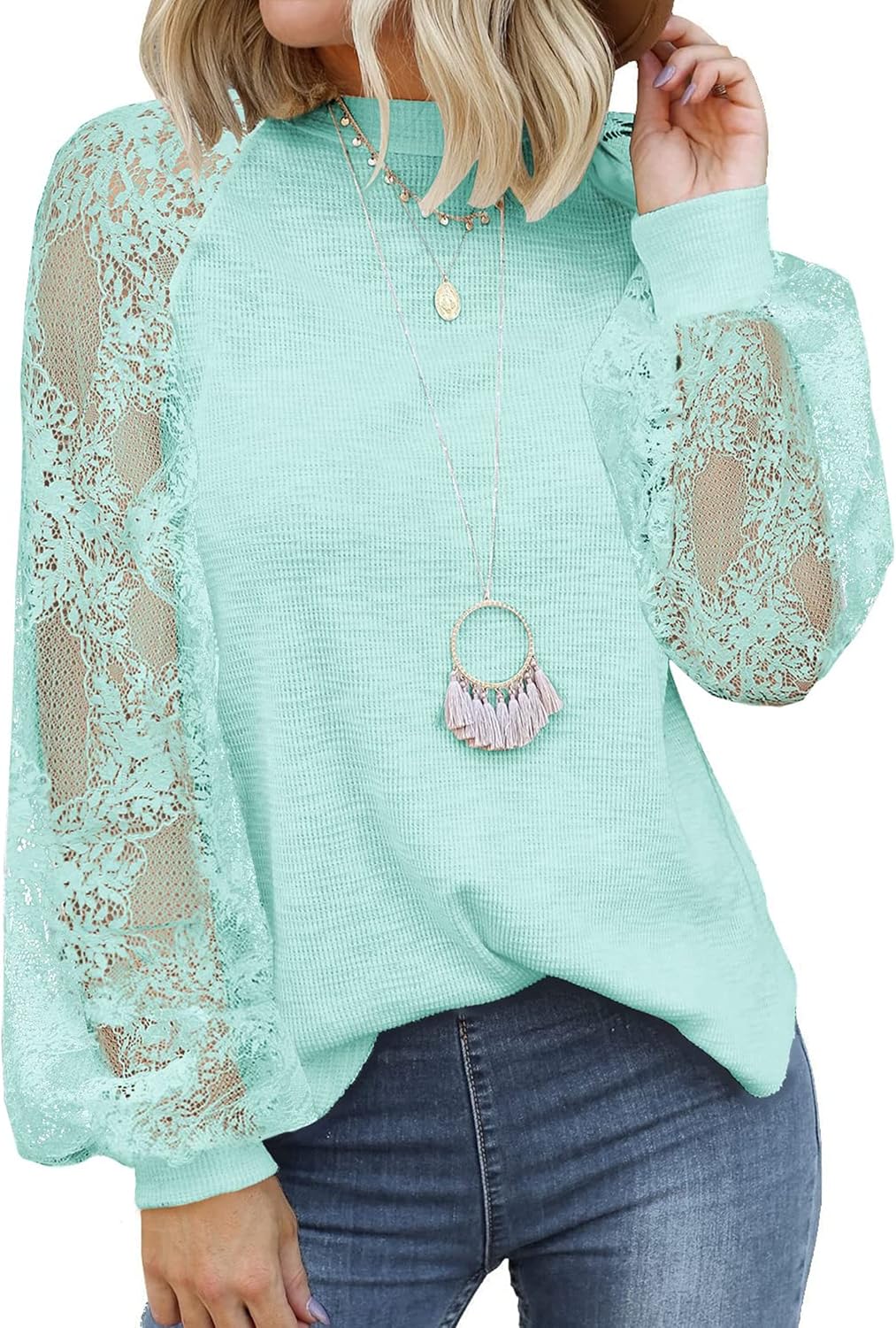 MIHOLL Women’s Long Sleeve Tops Lace Casual Loose Blouses T Shirts