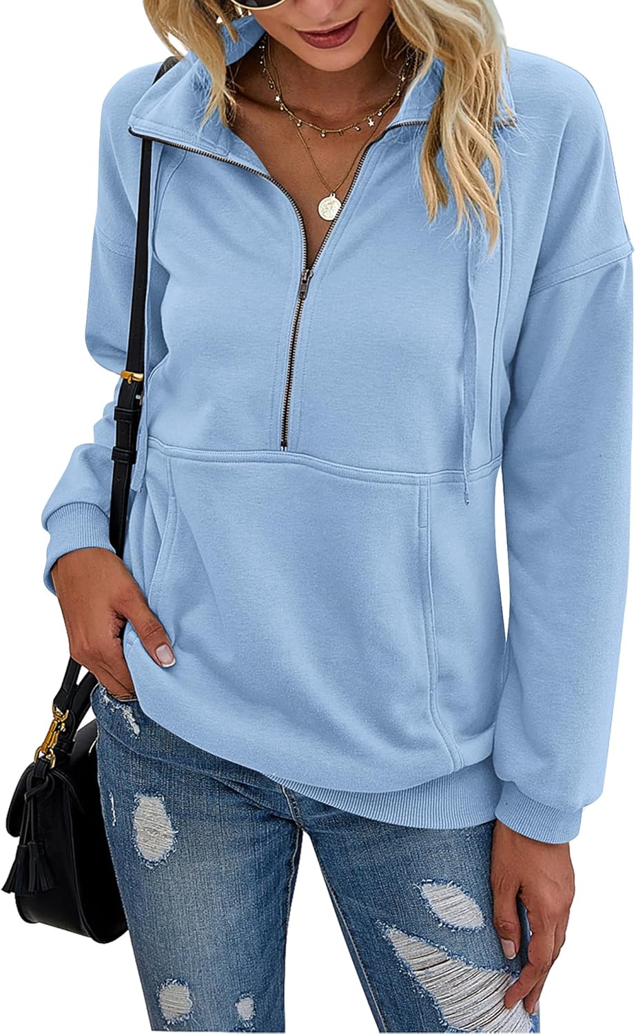 PRETTYGARDEN Women's Casual Long Sleeve Lapel Zipper Sweatshirt Drawstring Loose Pullover Tops