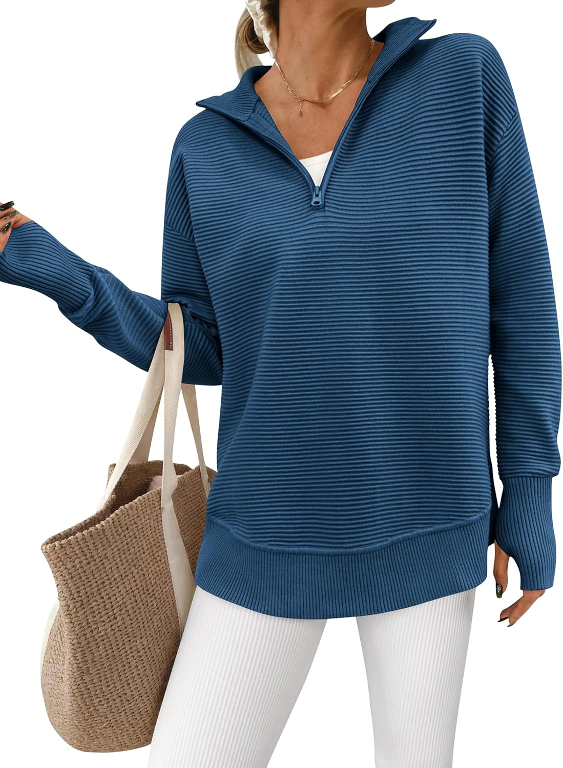 PRETTYGARDEN Womens Long Sleeve Quarter Zip Pullover Sweater Casual Loose V Neck Collared Ribbed Knit Jumper Tops Thumb Hole