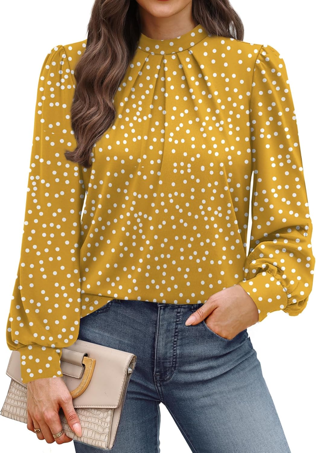 WIHOLL Long Sleeve Shirts for Women Mock Neck Tops Pleated Front Blouses Dressy Casual Fall Clothes 2025 Fashion