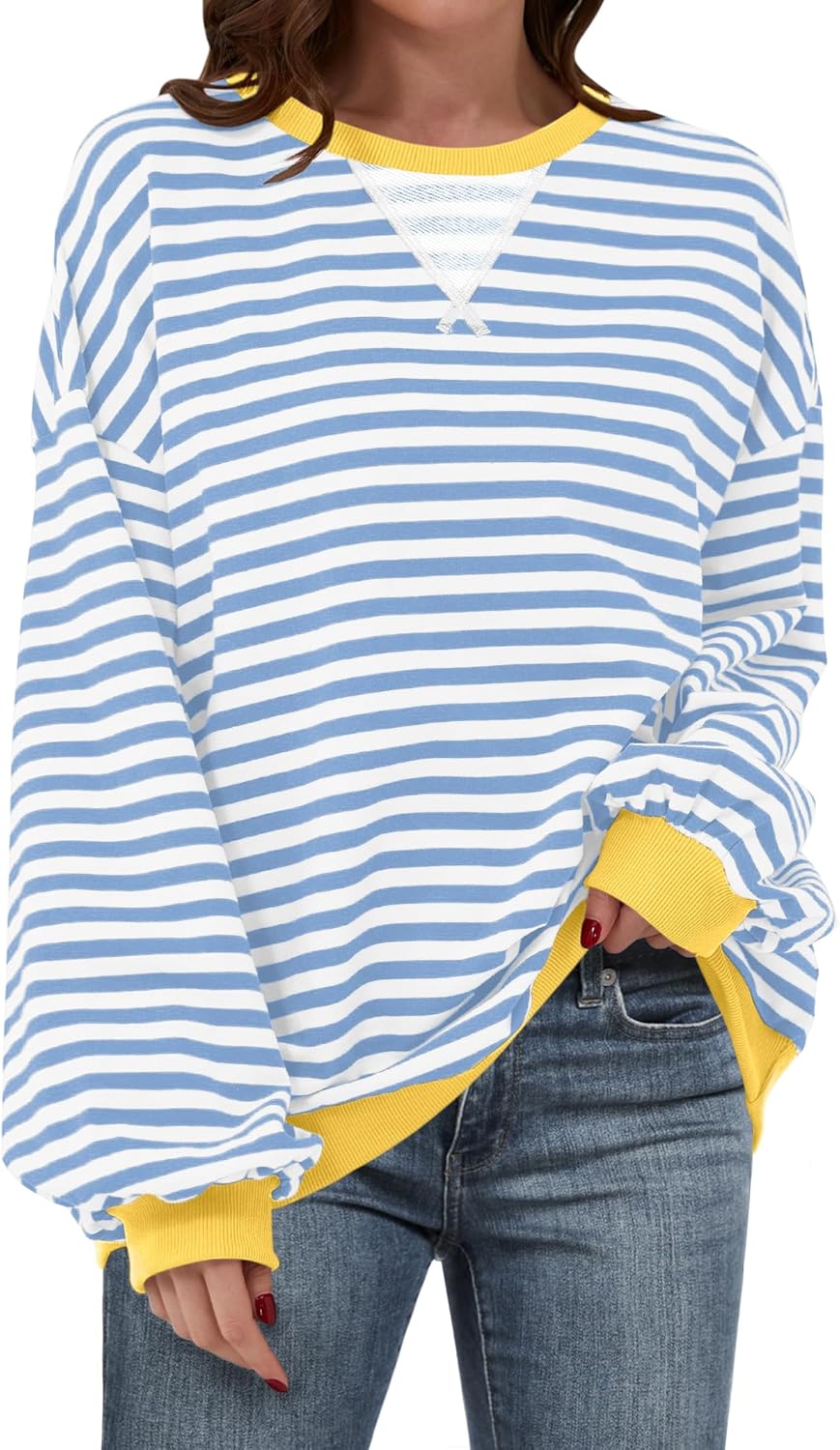 ANRABESS Women Striped Sweatshirts Oversized Crewneck Long Sleeve Shirts Y2K Pullover Top 2025 Fall Outfits Fashion Clothes