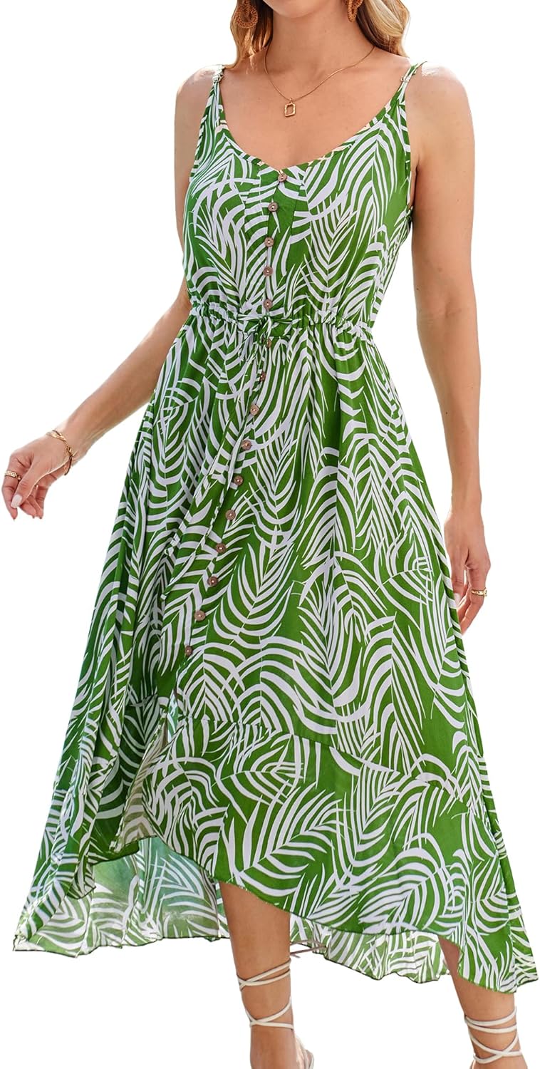 BROVAVE Women's 2025 Summer Casual Boho Sundress Polka Dot Spaghetti Strap V Neck Flowy Midi Dresses